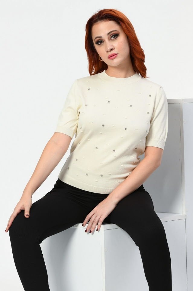 Lefon Kısa Kollu Taşlı Triko  - Krem