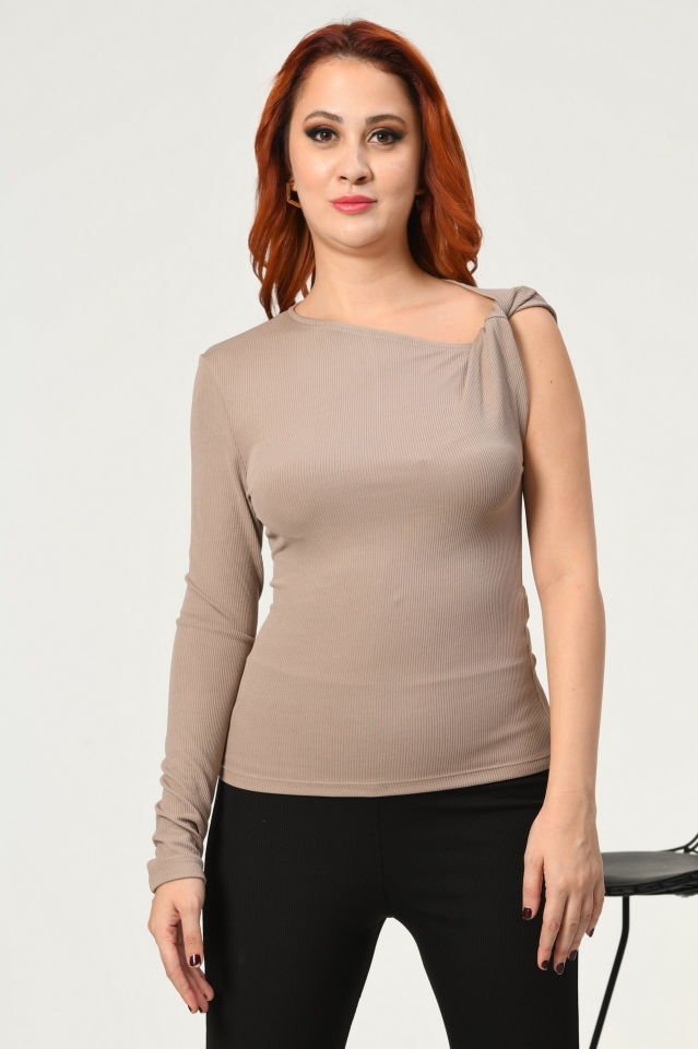 Lefon Tek Kol Burgu Detaylı Bluz  - Vizon