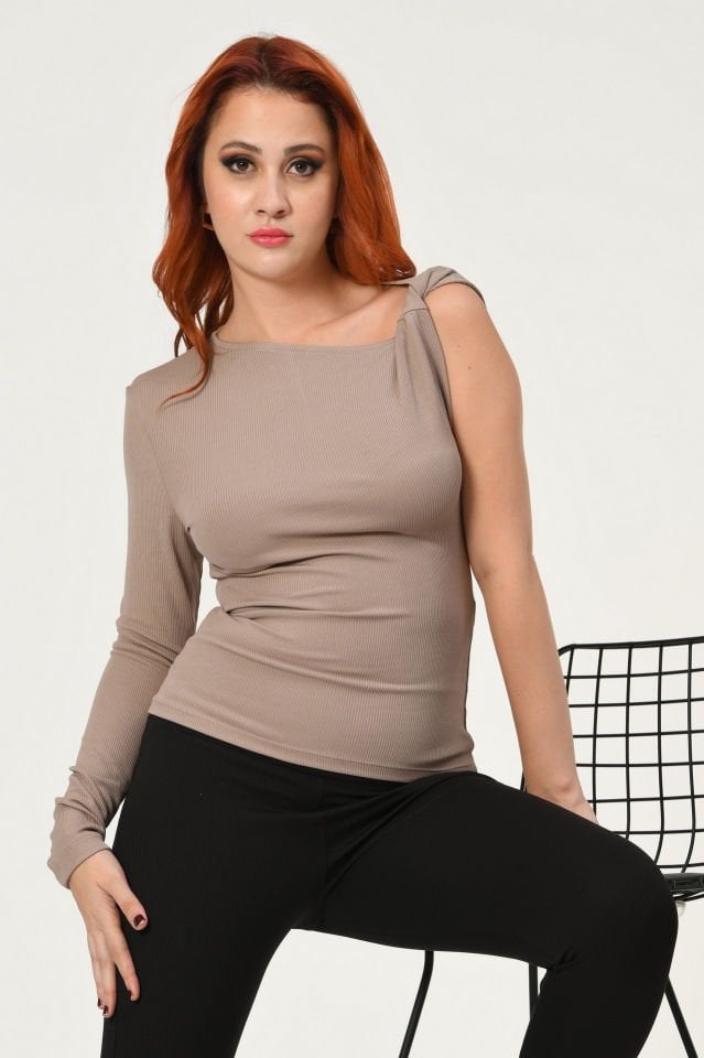 Lefon Tek Kol Burgu Detaylı Bluz  - Vizon