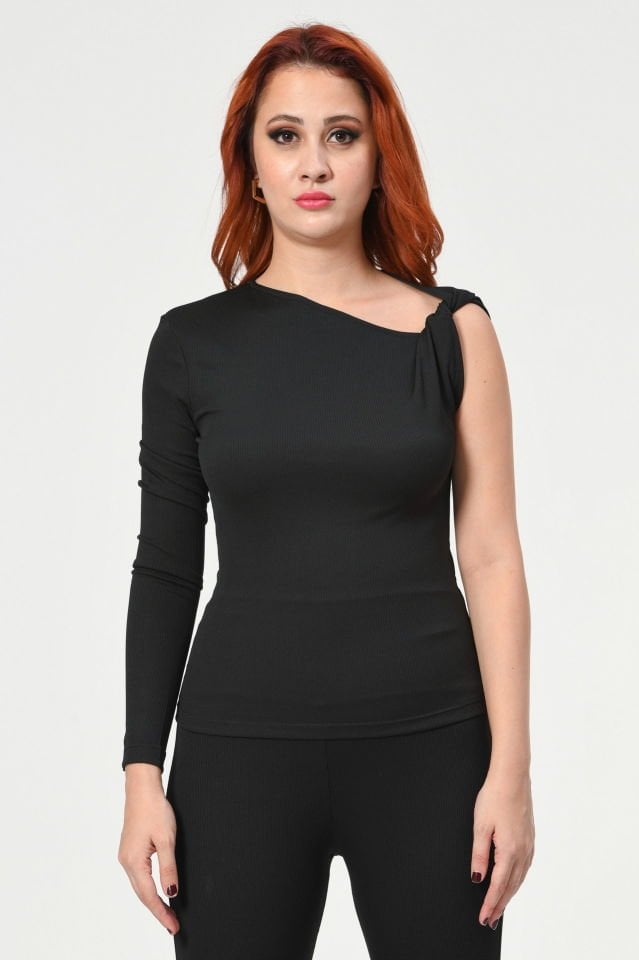 Lefon Tek Kol Burgu Detaylı Bluz  - Siyah