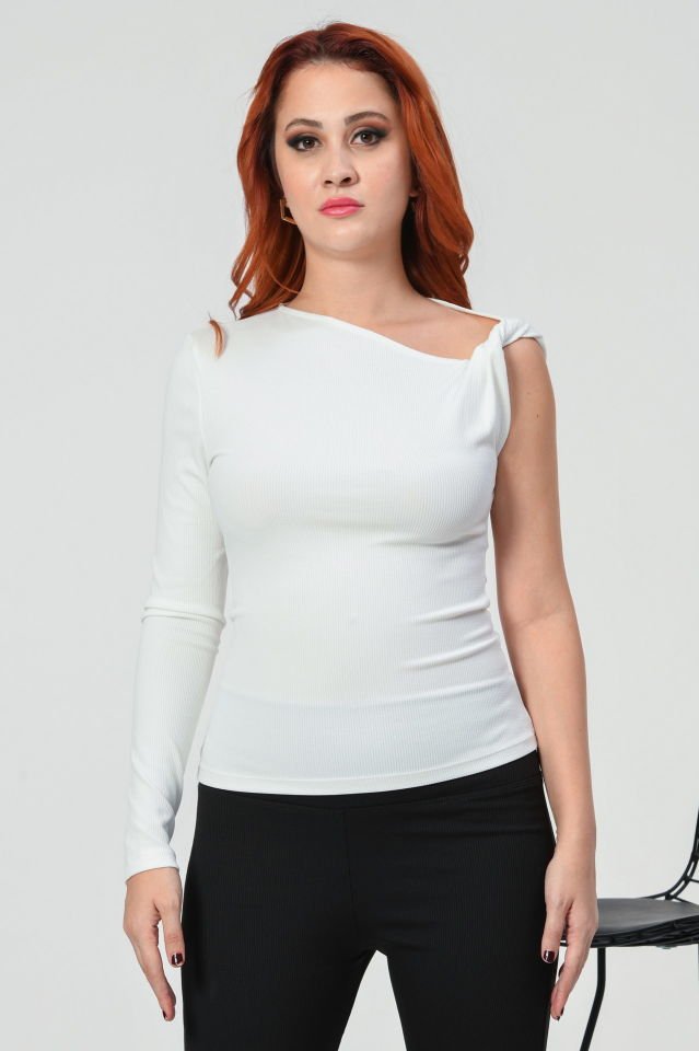 Lefon Tek Kol Burgu Detaylı Bluz  - Krem