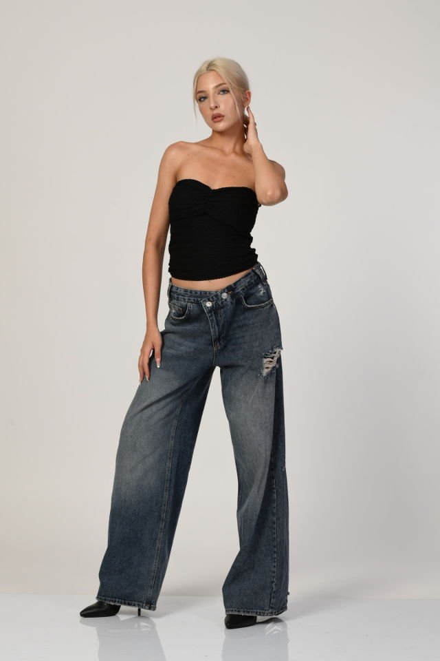 WhatsUp Yüksek Bel Çapraz Düğmeli Bol Paça Pantolon  - Denim
