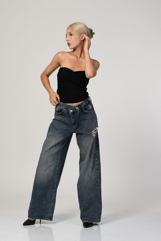 WhatsUp Yüksek Bel Çapraz Düğmeli Bol Paça Pantolon  - Denim