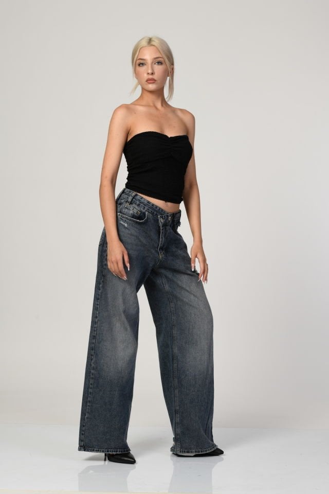 WhatsUp Yüksek Bel Çapraz Düğmeli Bol Paça Pantolon  - Denim