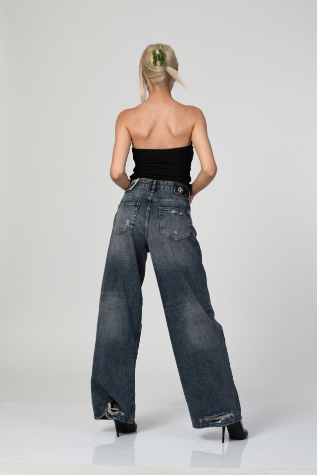 WhatsUp Yüksek Bel Çapraz Düğmeli Bol Paça Pantolon  - Denim