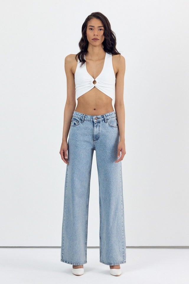 WhatsUp Yüksek Bel Simli Bol Paça Pantolon  - Denim