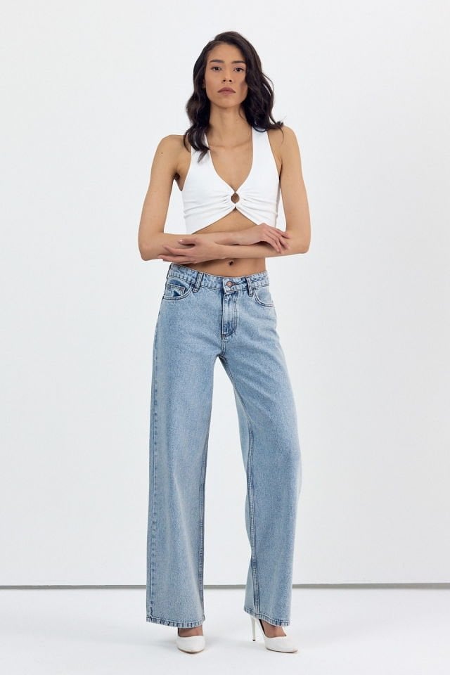 WhatsUp Yüksek Bel Simli Bol Paça Pantolon  - Denim