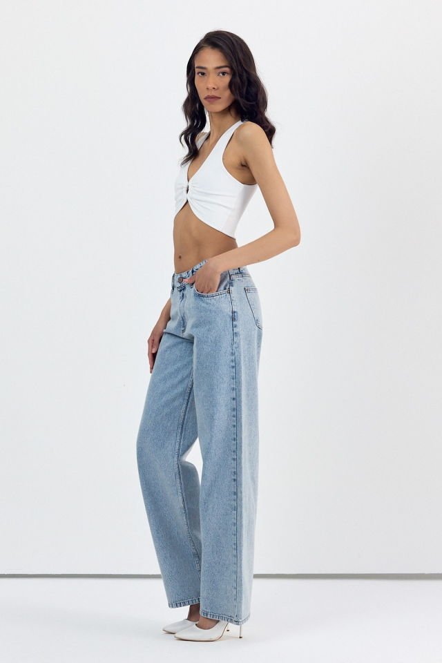 WhatsUp Yüksek Bel Simli Bol Paça Pantolon  - Denim