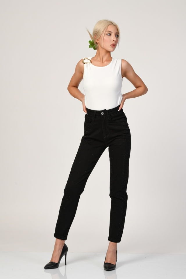 WhatsUp Yüksek Bel Hafif Bol Paça Taşlı Pantolon  - Siyah