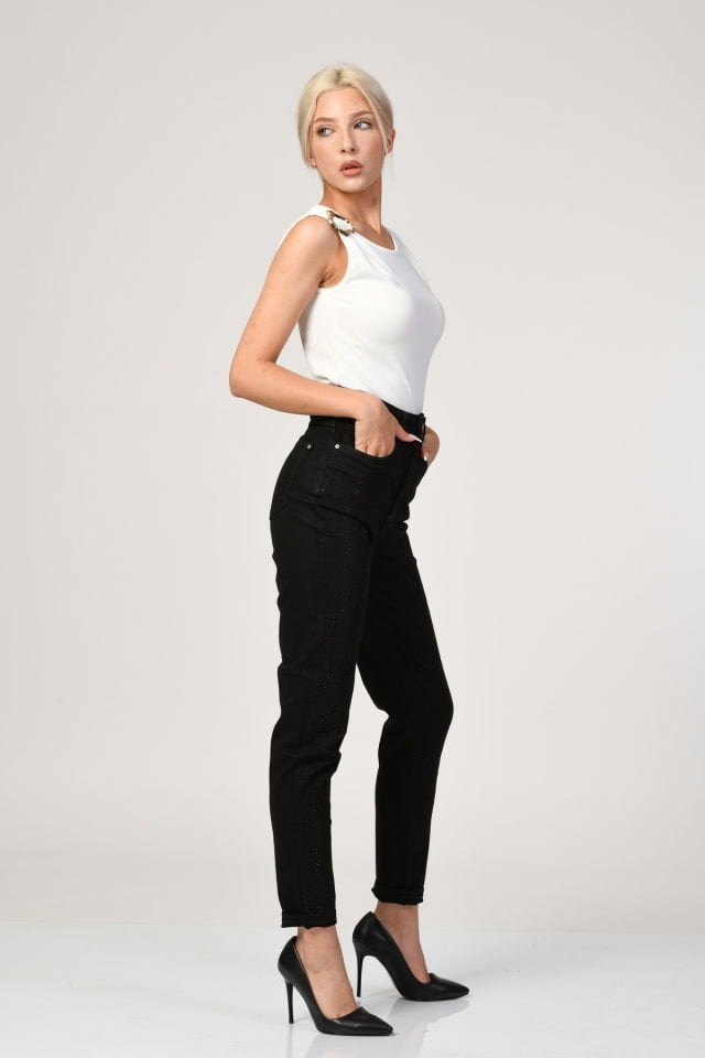 WhatsUp Yüksek Bel Hafif Bol Paça Taşlı Pantolon  - Siyah