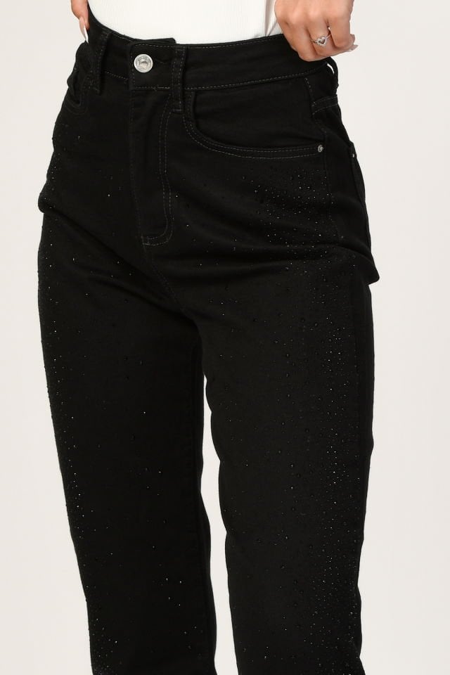 WhatsUp Yüksek Bel Hafif Bol Paça Taşlı Pantolon  - Siyah