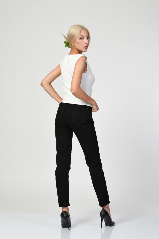 WhatsUp Yüksek Bel Hafif Bol Paça Taşlı Pantolon  - Siyah