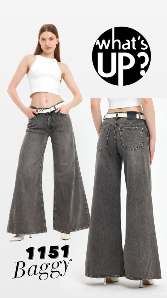 WhatsUp Yüksek Bel Geniş Paça Kemerli Pantolon  - Gri