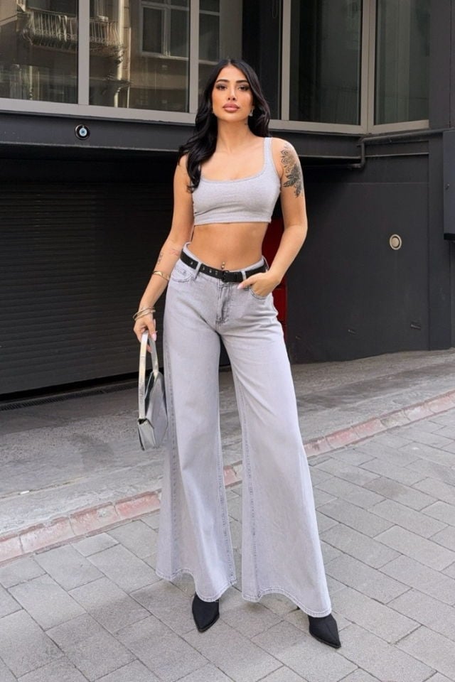 WhatsUp Yüksek Bel Bol Paça Kemerli Pantolon  - Denim