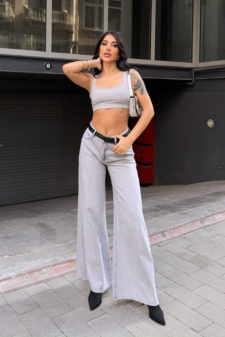 WhatsUp Yüksek Bel Bol Paça Kemerli Pantolon  - Denim