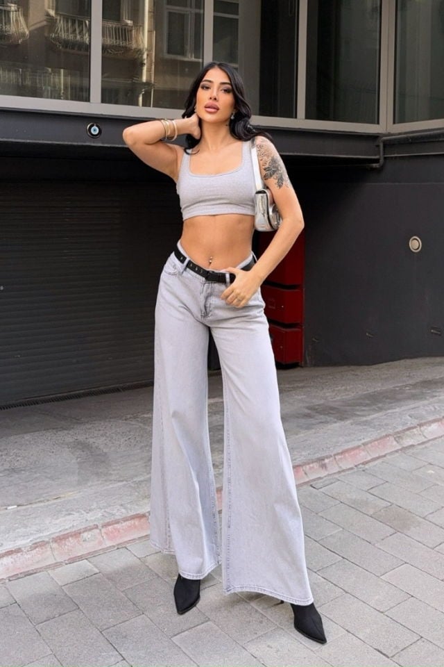 WhatsUp Yüksek Bel Bol Paça Kemerli Pantolon  - Denim