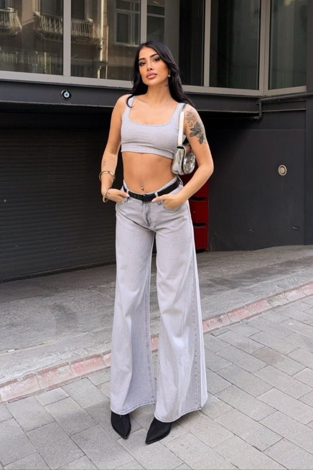 WhatsUp Yüksek Bel Bol Paça Kemerli Pantolon  - Denim