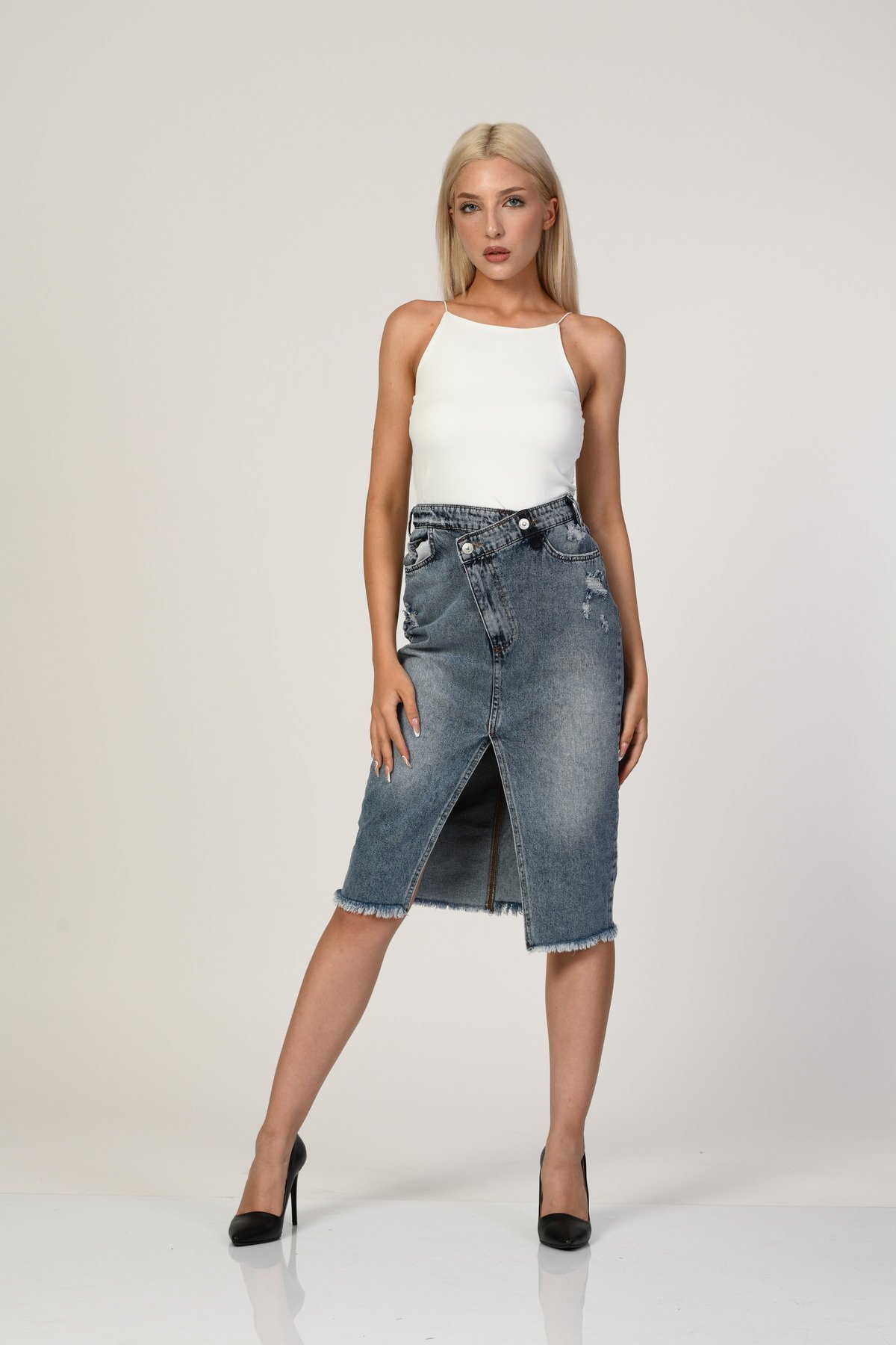 WhatsUp Yüksek Bel Yırtmaçlı Denim Etek  - Denim