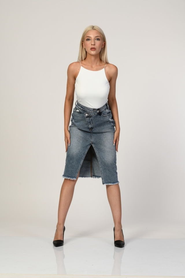 WhatsUp Yüksek Bel Yırtmaçlı Denim Etek  - Denim