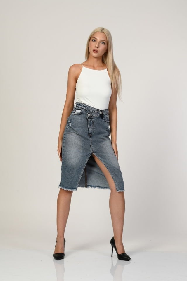 WhatsUp Yüksek Bel Yırtmaçlı Denim Etek  - Denim