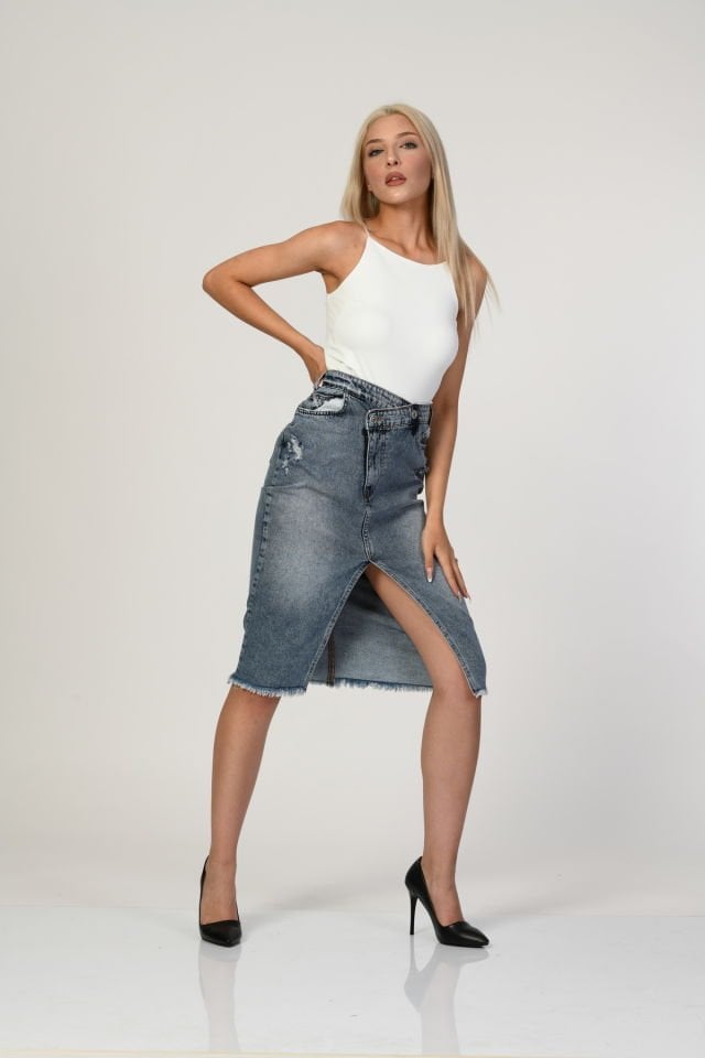 WhatsUp Yüksek Bel Yırtmaçlı Denim Etek  - Denim