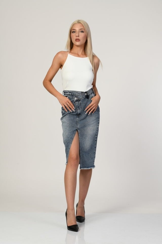 WhatsUp Yüksek Bel Yırtmaçlı Denim Etek  - Denim