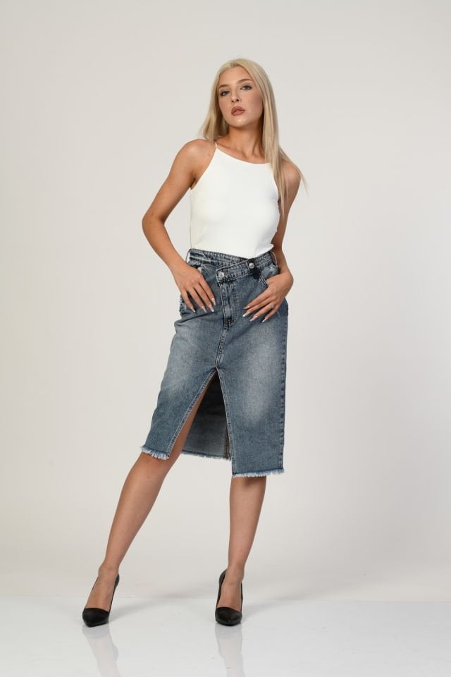 WhatsUp Yüksek Bel Yırtmaçlı Denim Etek  - Denim