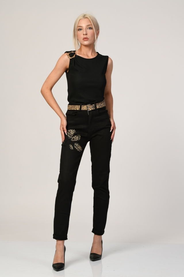 WhatsUp Yüksek Bel Taş ve Leopar Desen Detaylı Mom Jean