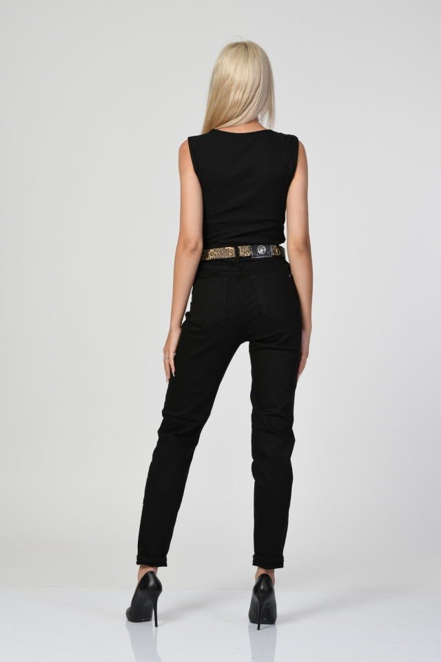 WhatsUp Yüksek Bel Taş ve Leopar Desen Detaylı Mom Jean