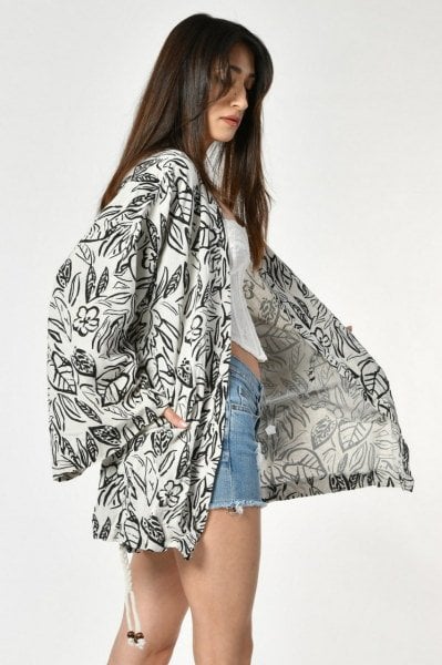 Valeur Desenli Kemer Detaylı Kimono  - Bej
