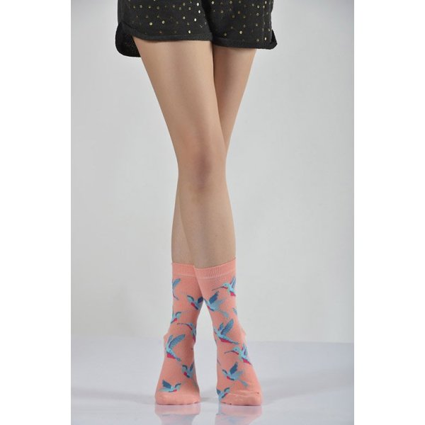 Kadın Kuşlar Motifli Soket Çorabı  - Yavruağzı 6'lı Paket