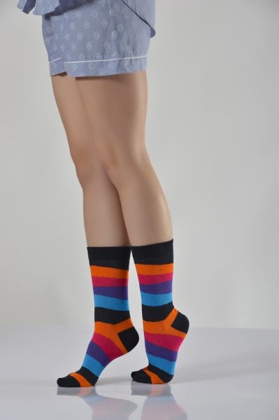 Kadın Rengarenk Soket Çorabı Siyah  - Çok Renkli 6'lı Paket