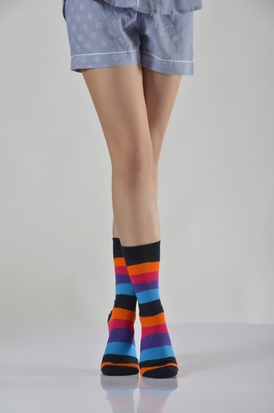 Kadın Rengarenk Soket Çorabı Siyah  - Çok Renkli 6'lı Paket
