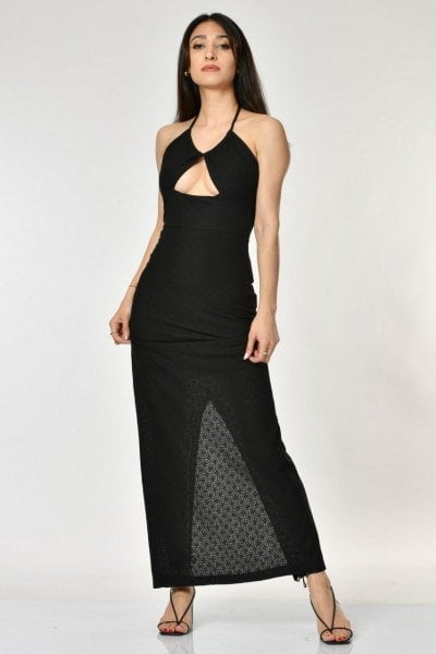 Lefon Sırt Dekolteli Boyundan Bağlamalı Cut Out Midi Elbise  - Siyah