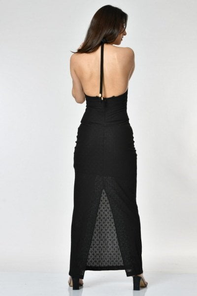 Lefon Sırt Dekolteli Boyundan Bağlamalı Cut Out Midi Elbise  - Siyah