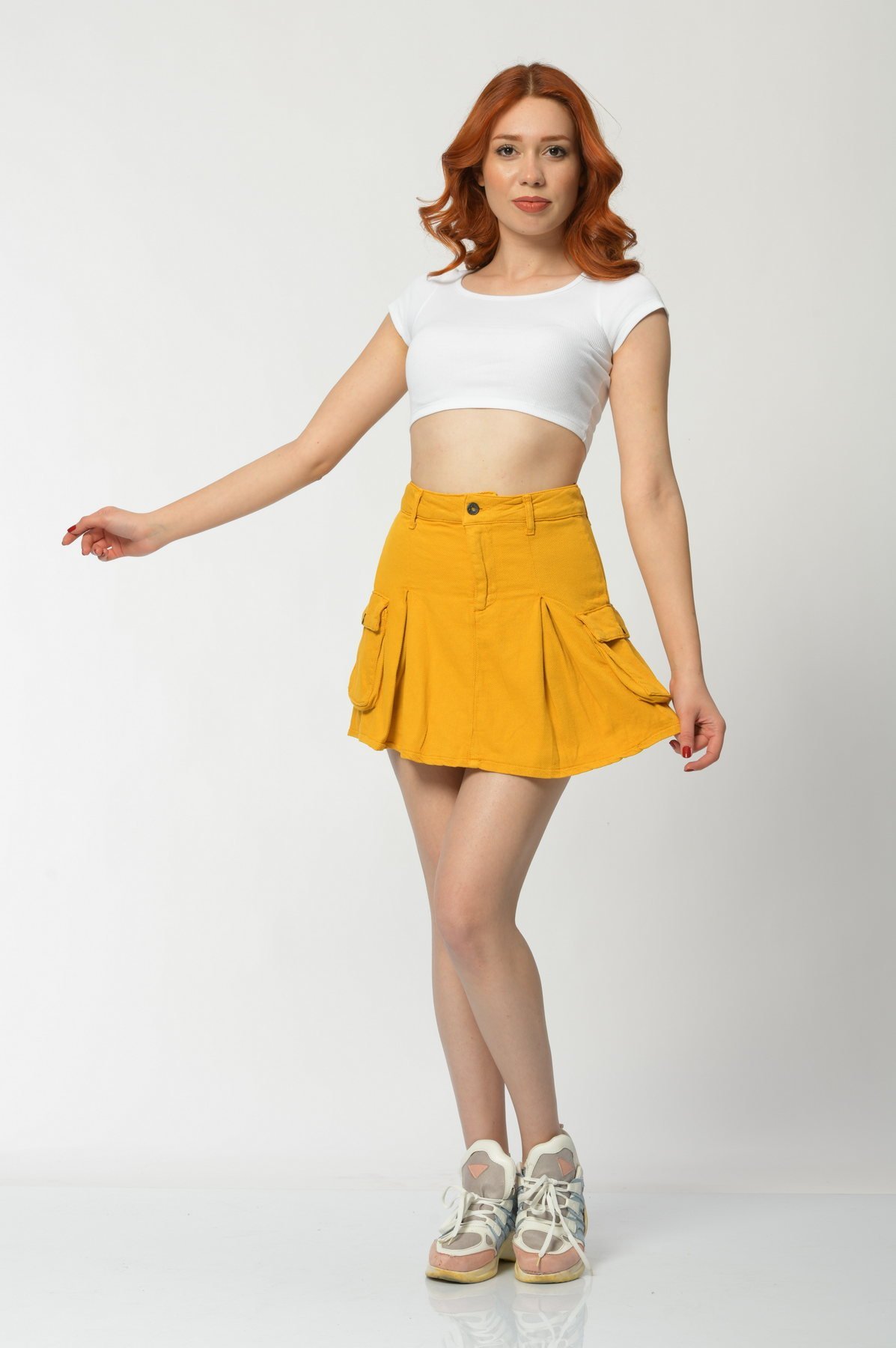 WhatsUp Kargo Cepli Denim Mini Etek  - Hardal