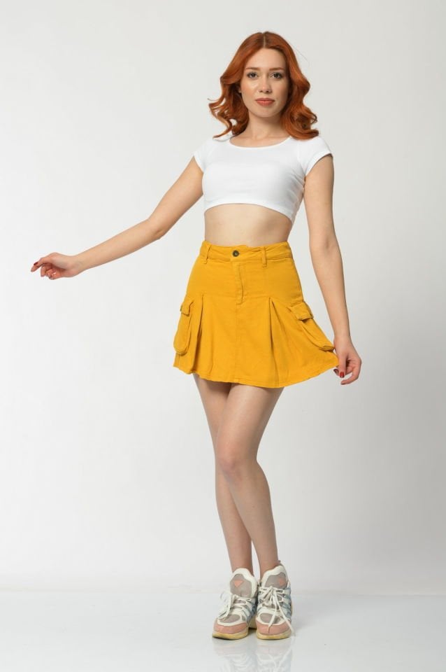 WhatsUp Kargo Cepli Denim Mini Etek  - Hardal
