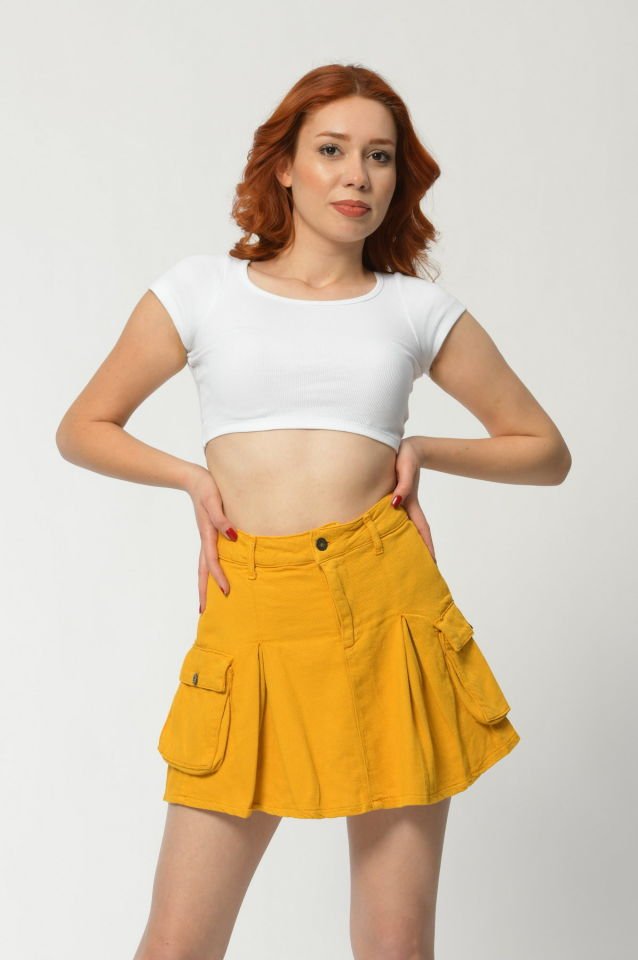 WhatsUp Kargo Cepli Denim Mini Etek  - Hardal