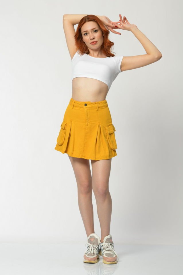 WhatsUp Kargo Cepli Denim Mini Etek  - Hardal