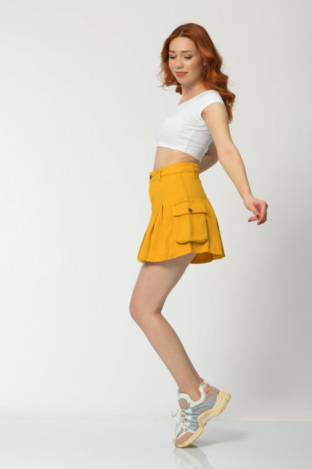 WhatsUp Kargo Cepli Denim Mini Etek  - Hardal