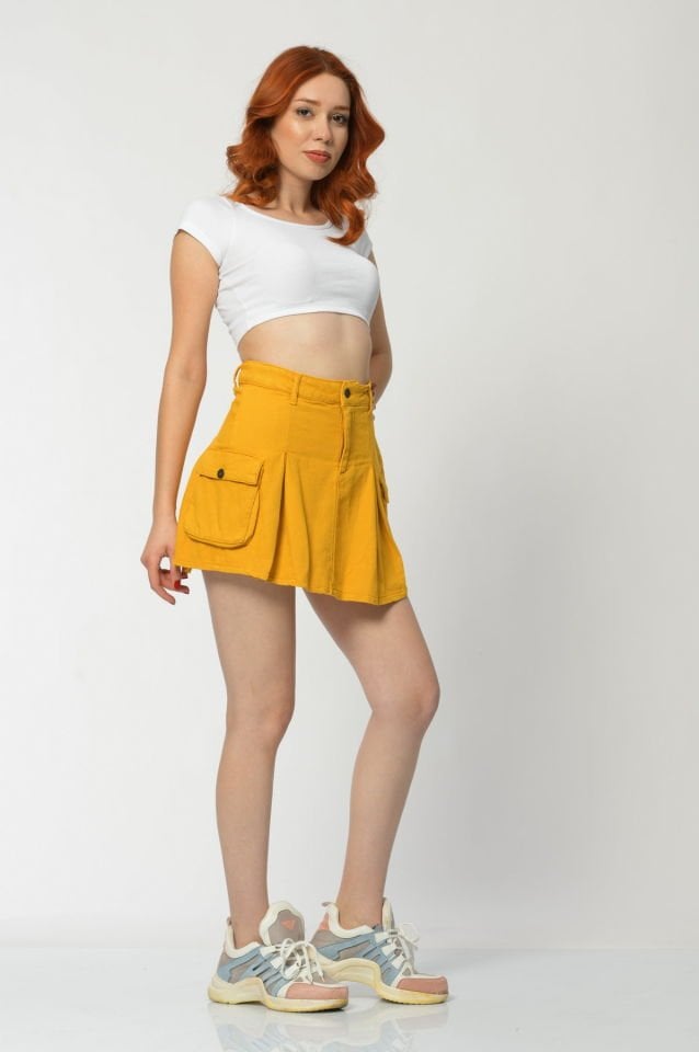 WhatsUp Kargo Cepli Denim Mini Etek  - Hardal