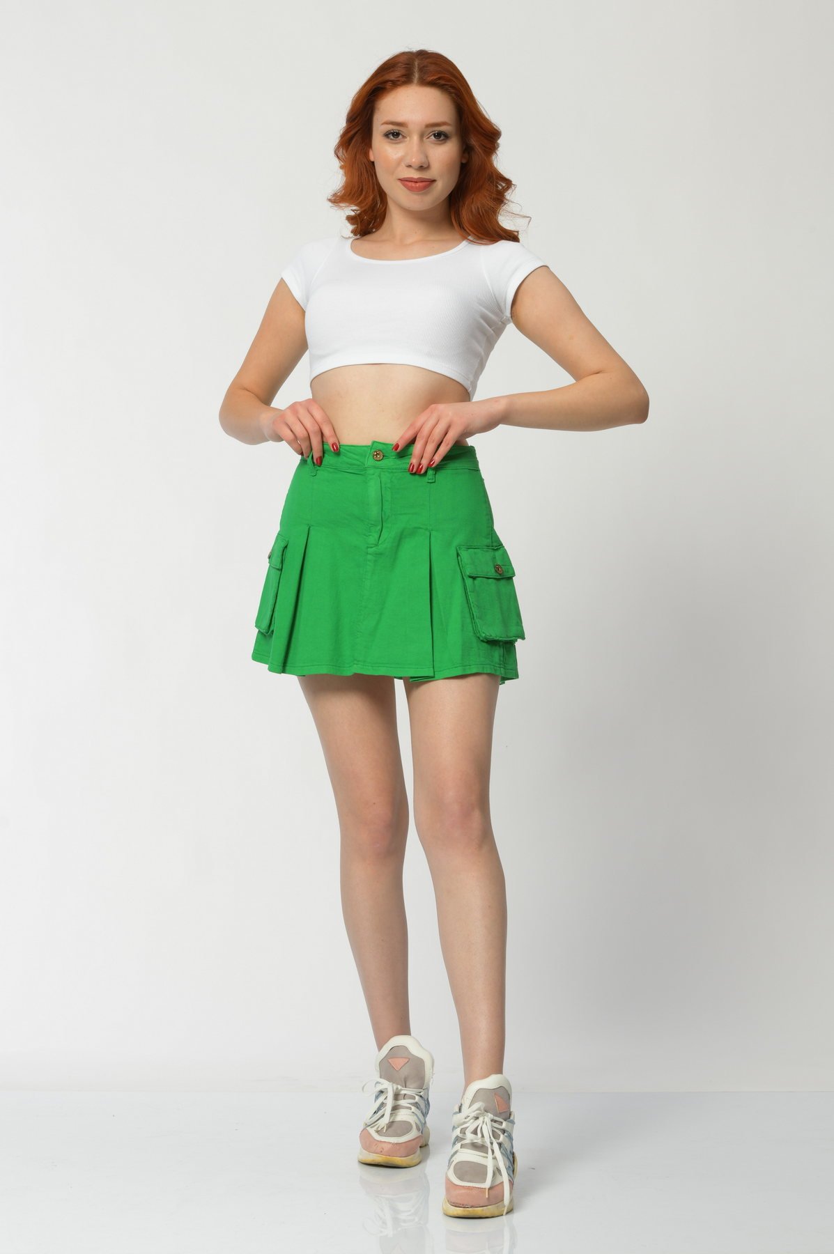 WhatsUp Kargo Cepli Denim Mini Etek  - Yeşil