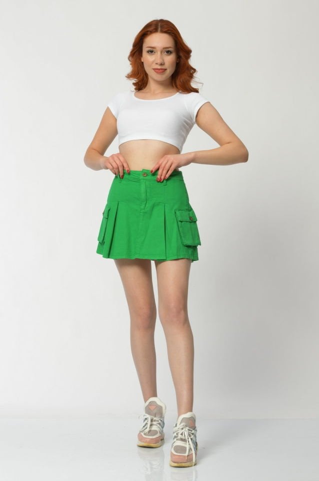 WhatsUp Kargo Cepli Denim Mini Etek  - Yeşil