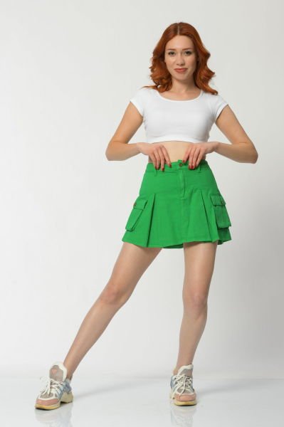 WhatsUp Kargo Cepli Denim Mini Etek  - Yeşil