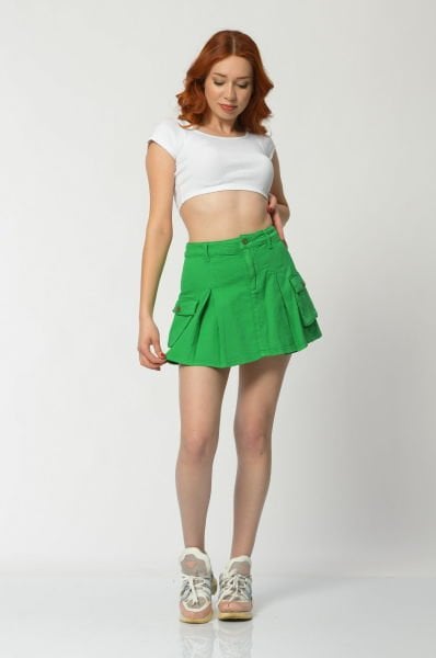 WhatsUp Kargo Cepli Denim Mini Etek  - Yeşil