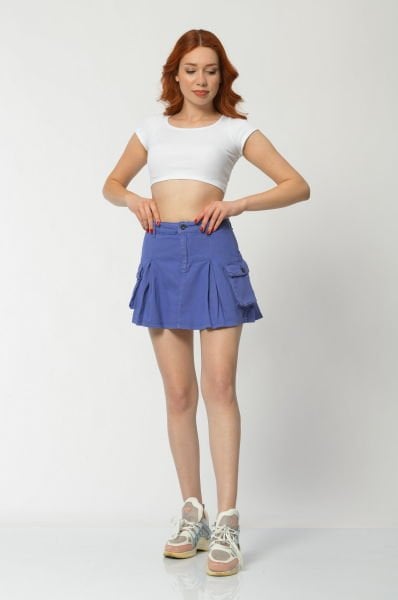 WhatsUp Kargo Cepli Denim Mini Etek  - Mor