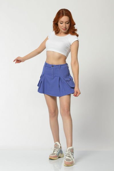 WhatsUp Kargo Cepli Denim Mini Etek  - Mor