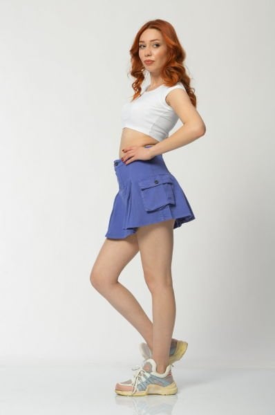 WhatsUp Kargo Cepli Denim Mini Etek  - Mor