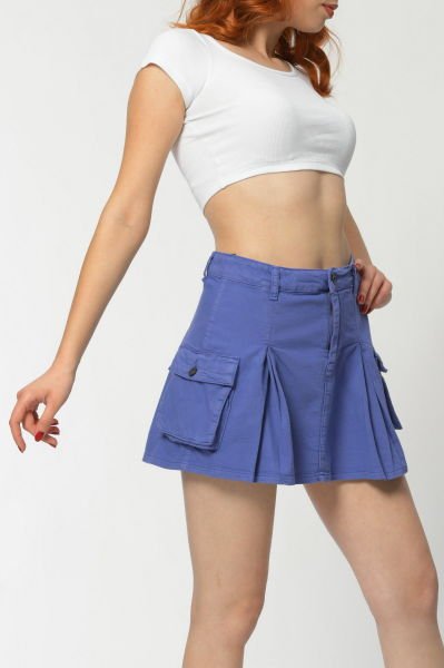 WhatsUp Kargo Cepli Denim Mini Etek  - Mor