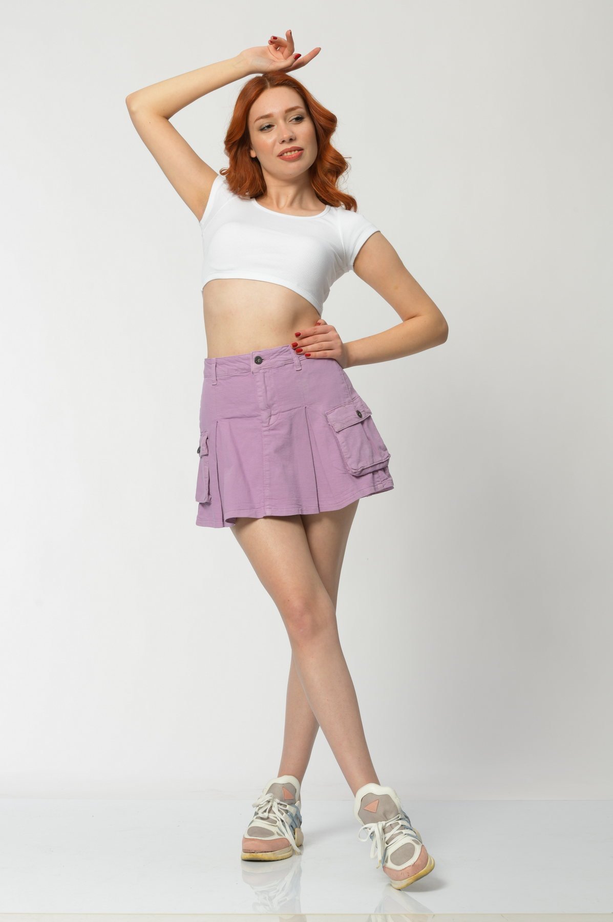 WhatsUp Kargo Cepli Denim Mini Etek  - Lila